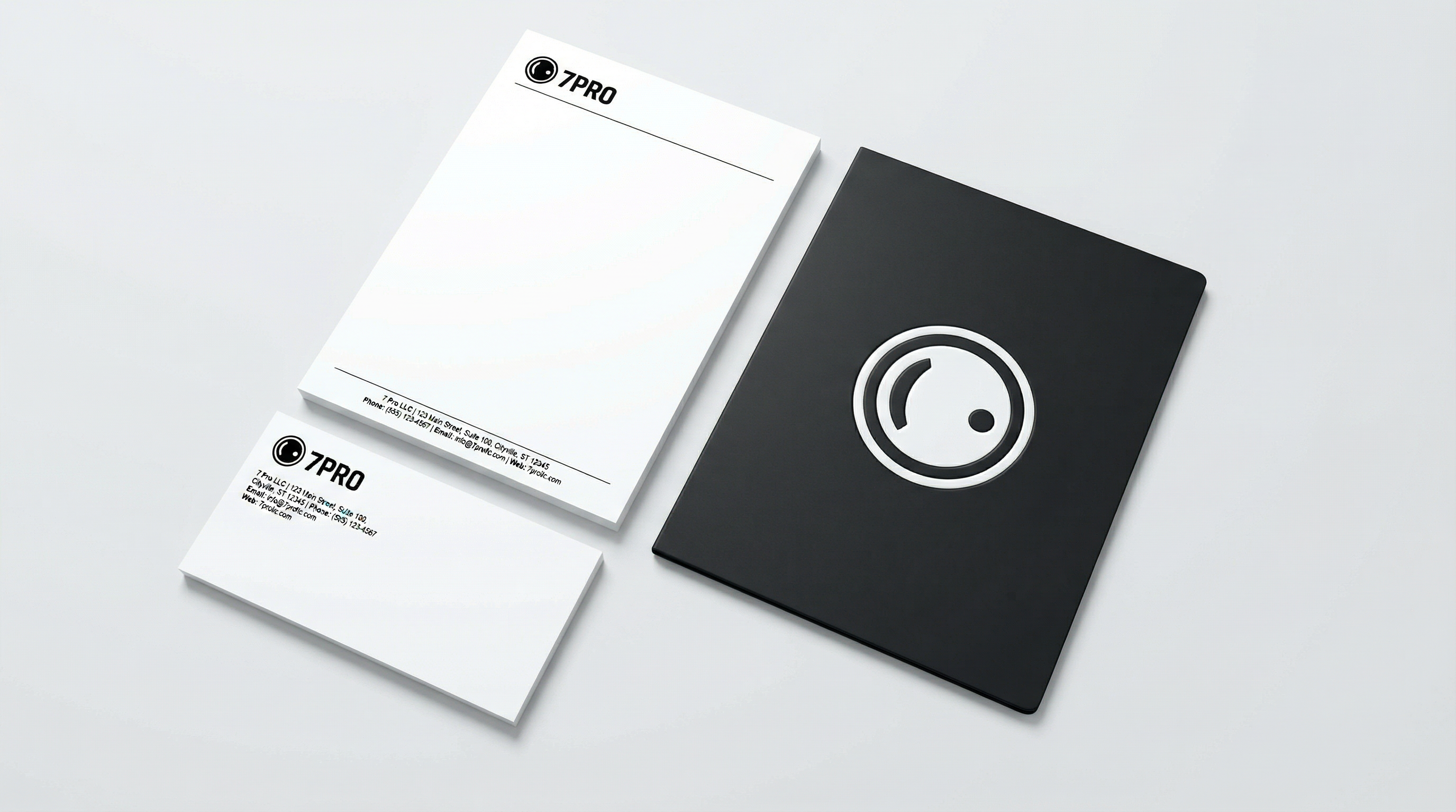 7PRO LLC corporate stationery set including letterhead, envelope, and folder with black and white minimalist design featuring the 7PRO logo